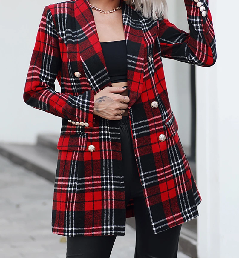 

Warm Cardigan Winter Coat Women Clothes 2023 Fashion Versatile Casual Red Plaid Long Lapel Long Sleeve Overcoat Y2k Streetwear