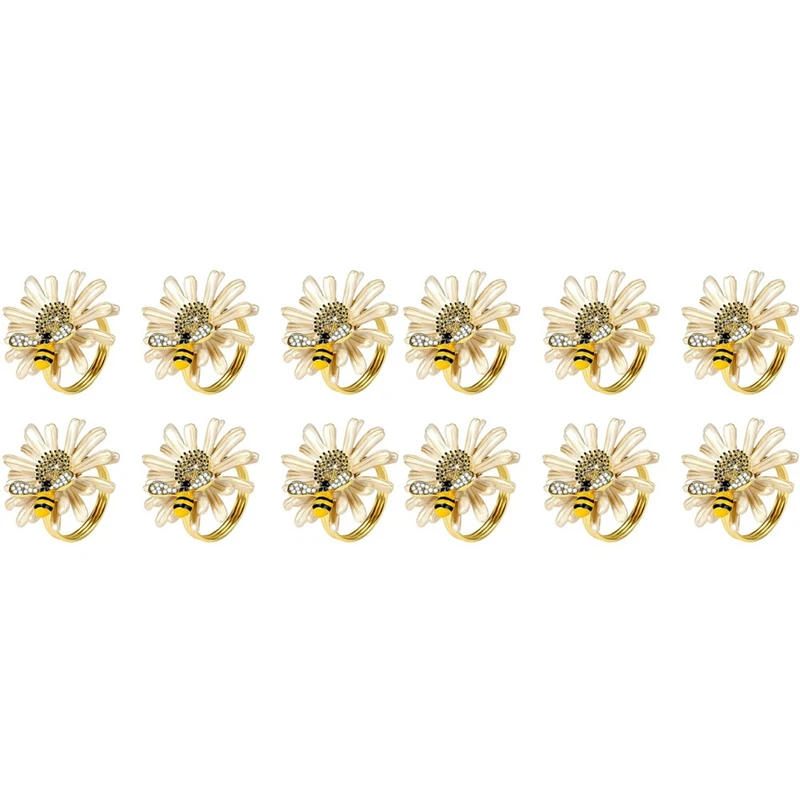 

Set Of 12 Daisy Sunflower Napkin Rings, Gold Bee Napkin Ring Holders For Formal Or Casual Dinning Table Decor