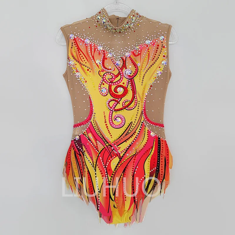 

LIUHUO Rhythmic Gymnastics Leotards Plexiglass Nail Drill Yellow Sleeveless Competition Performance