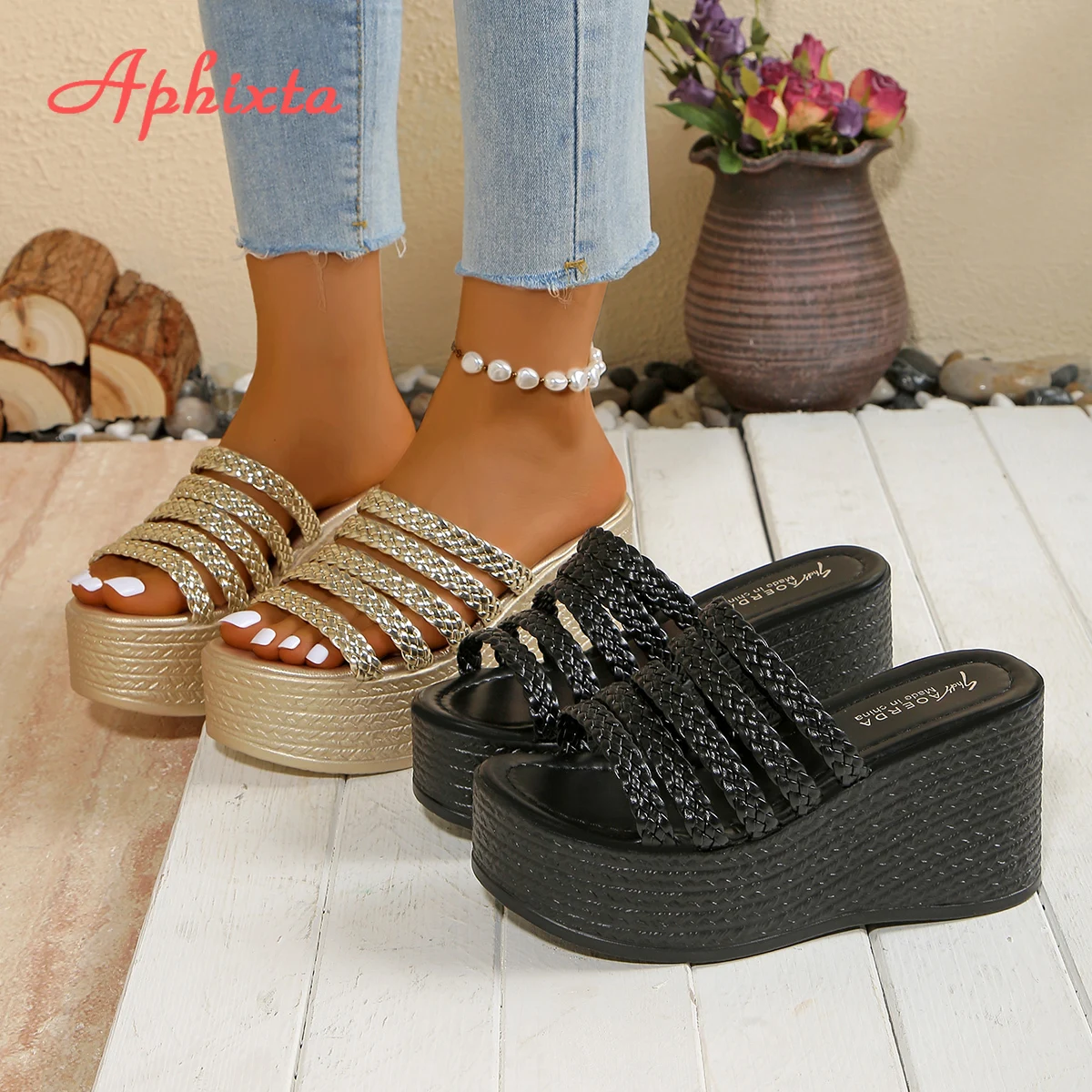 Aphixta Gold Sole Weave Design Women Wedge Slides 9cm High Heels Summer Beach Shoes for Woman Fashion Women's Sandals