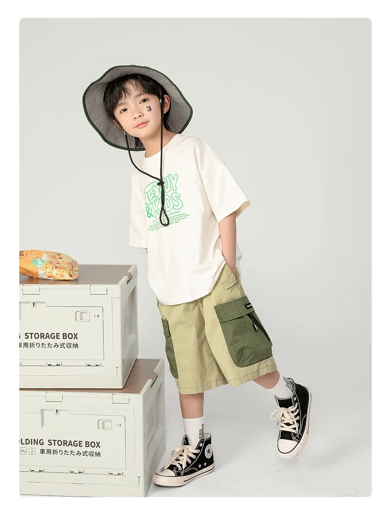 Neue Sommer-Cargo-Shorts für Teenager-Jungen, 3–12 Jahre, modische, knielange Hosen mit Reißverschlusstaschen, lässige Outdoor-Hosen aus dünner Baumwolle – Detail 13