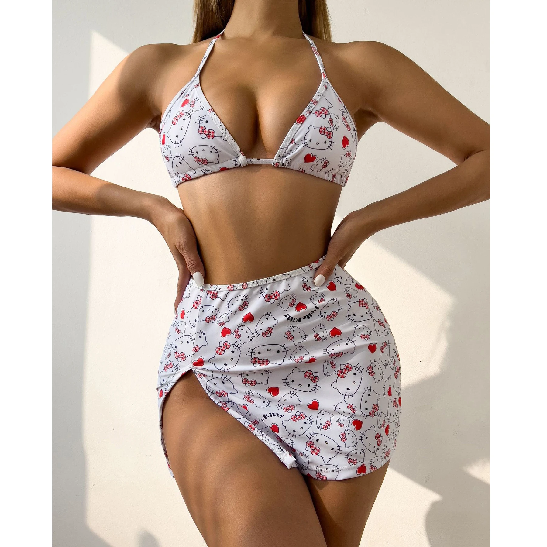 

Мультфильм Sanrioed Hellokittyed купальник Kitty раздельный купальник бикини печатный набор из трех частей милые детские подарки игрушки