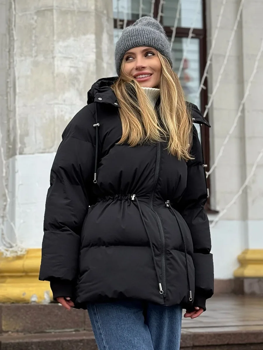Wolfeel Women's New Winter Hooded Parkas Mid Length Cotton Padded Jacket Drawstring Waist Slimming Outerwear