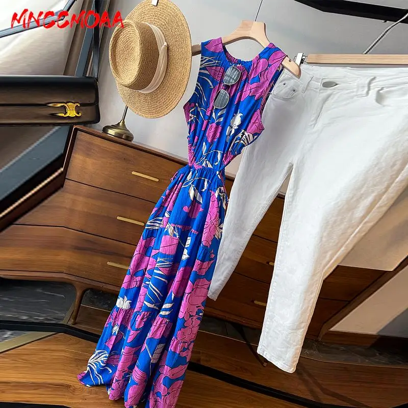 

MNCCMOAA-Женское Платье с принтом без рукавов, круглый вырез, повседневные пляжные платья, летняя мода, 2024