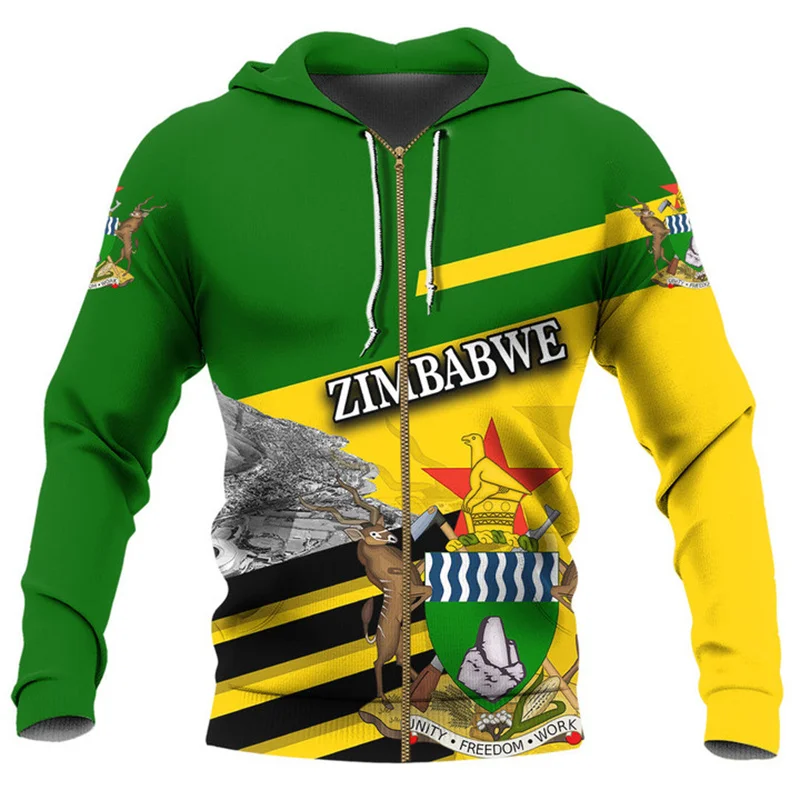 thumbnail image 1 of Sudadera con capucha con gráfico de mapa y bandera de Zimbabue para hombre, sudadera con capucha con emblema nacional con estampado 3D, suéteres casuales holgados con cremallera para la calle, 1 of 4