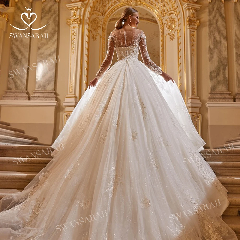 Luxury Beaded Wedding Dress 2025 Long Sleeve Lace Appliques Princess Bride Ball Gown SwanSarah AS145 customized Vestido De Novia 5