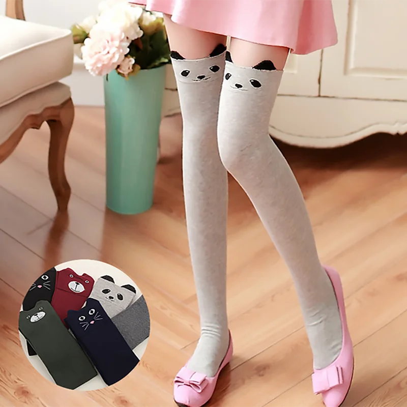Cute Cartoon Cat Bear Over Knee Thigh Stockings Cotton for School Girls Lovely Sweet Funny Totoro Printed Women Socks_voghion.com