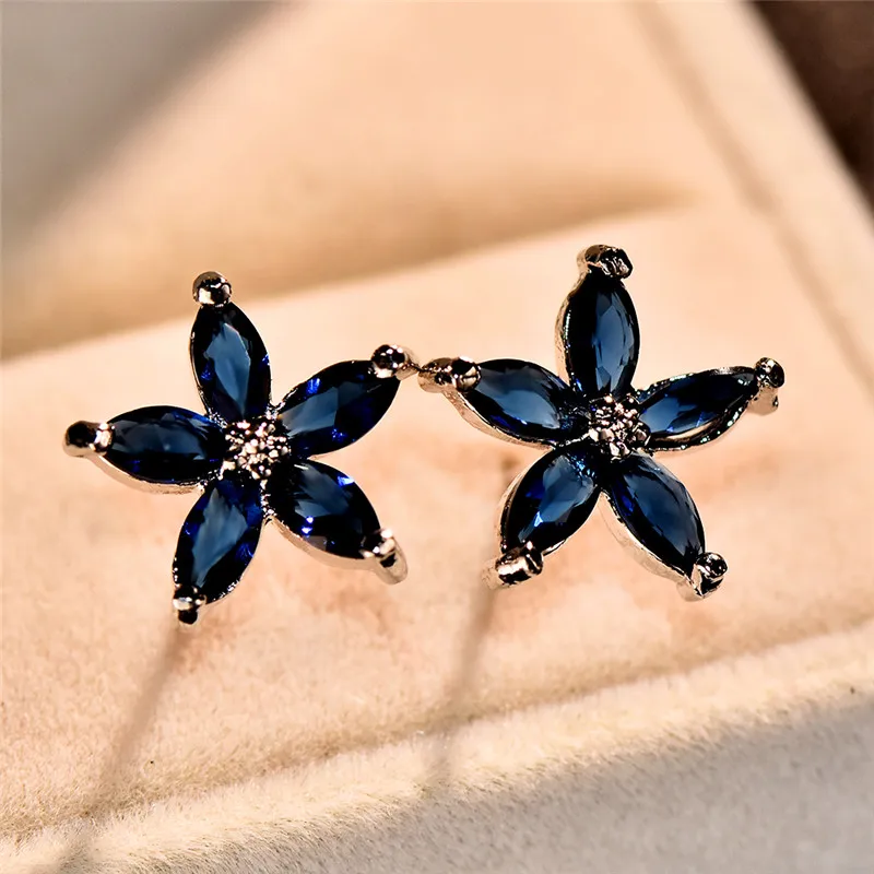Cute Female Blue Zircon Stars Stud Earrings Multicolor Birthstone Crystal Silver Color Wedding Jewelry For Women