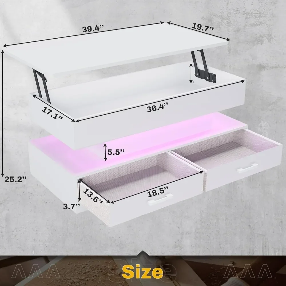 Lift Top Coffee Table, Coffee Tables with Storage for Living Room, Small Coffee Table with 2 Fabric Drawers & LED Light 5