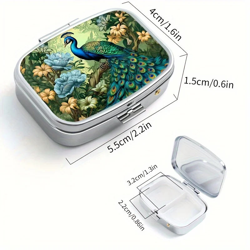 Tropical Style 2-Grid Peacock Pattern Pill Box Stylish Portable Pill Box Perfect for Pocket or Purse Durable Vitamin Storage Box