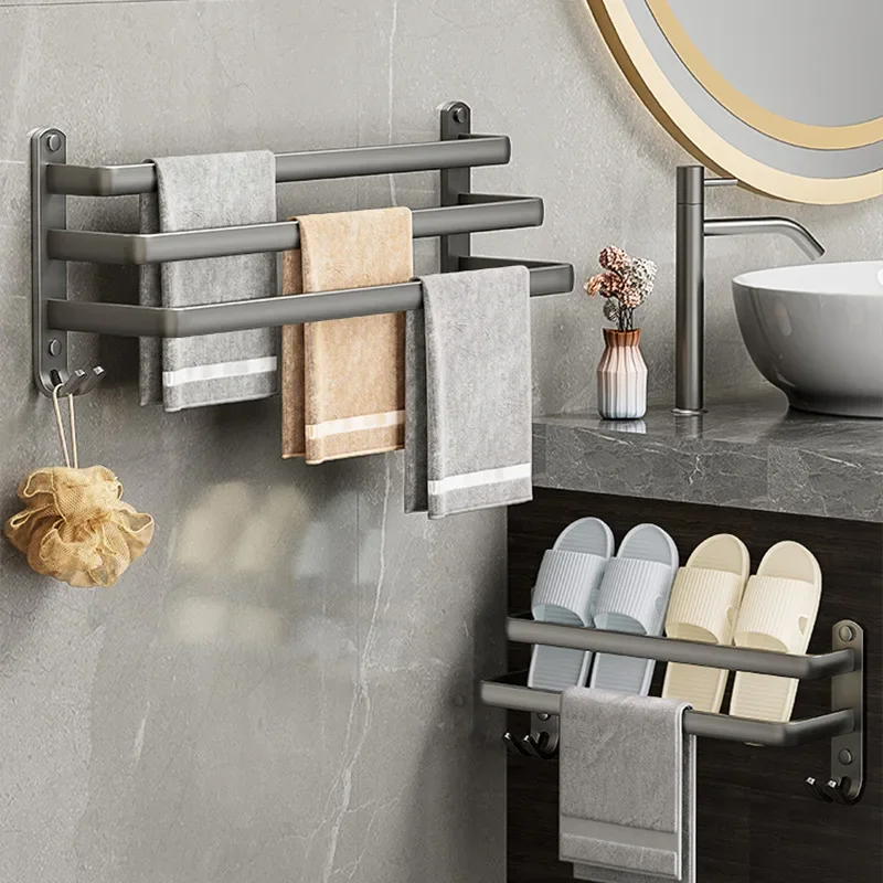 Space Aluminum Towel Rack Bathroom Multi-Layer Bath Hanging Pole Slipper Shelf Kitchen Rail NO Punching
