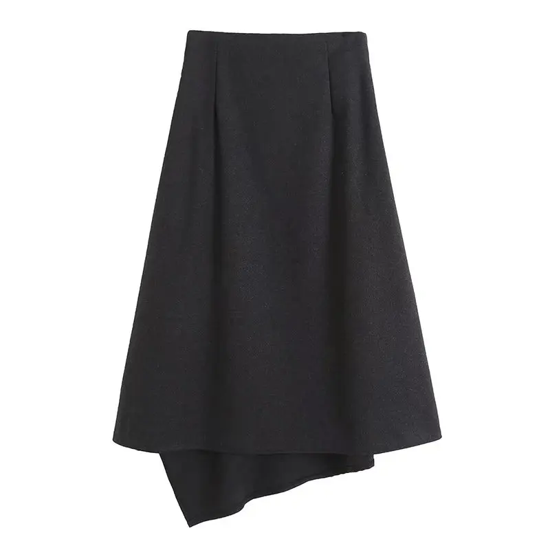 Wixra 2022 Women A Line Midi Skirt Solid Asymmetrical Zipper High Waist Lady Spring Summer Elegant Office Lady Bottom ruffle skirt