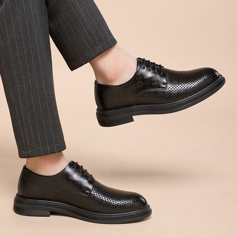 Mens Leather Dress Shoes Summer Elevator Shoes Men Dress Shoes 3/6/8 Cm Men Formal Hollow Classic Business Luxury Oxfords Footwear Suit