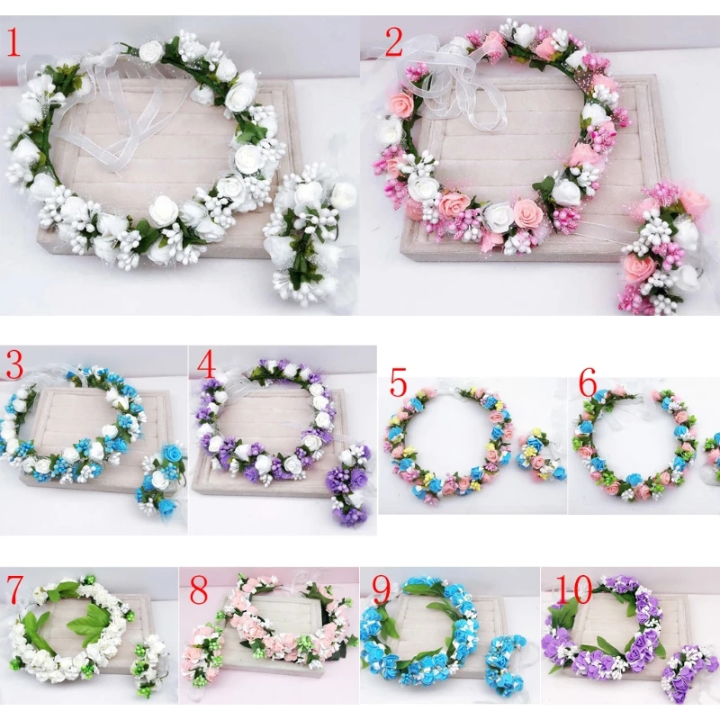 

Flower Hair Wreath Headband Floral with Adjustable Ribbon Festivals Wedding Party Headpiece for Women Girl