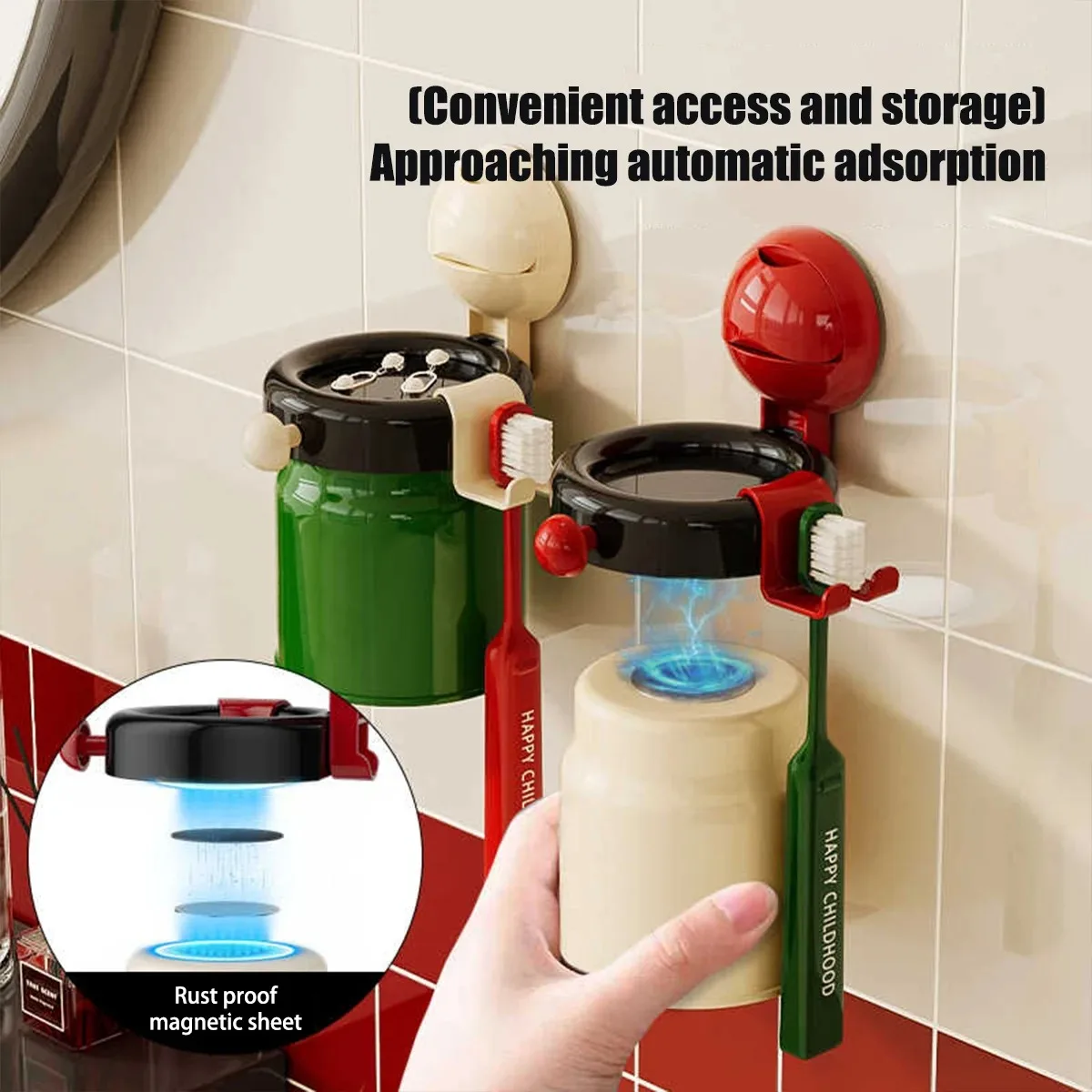 Suction Cup Toothbrush Holder No Punching And No Glue Teeth Cup Storage Bathroom Supplies Magnetic Mouthwash Holder