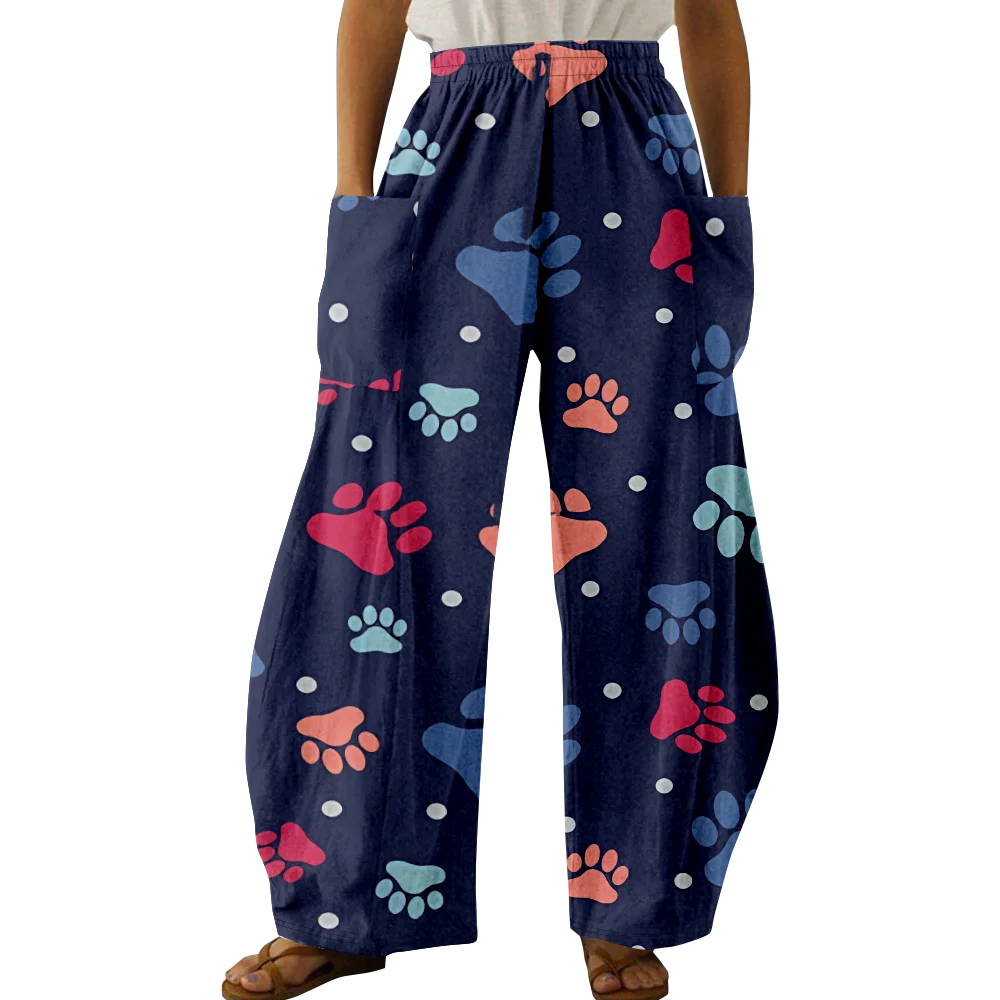 Spring Stylish Dog Paw Print Pants Summer Casual Oversized Girls Cute Y2K Trousers Pocket Women Wide Leg Pants Pantalon
