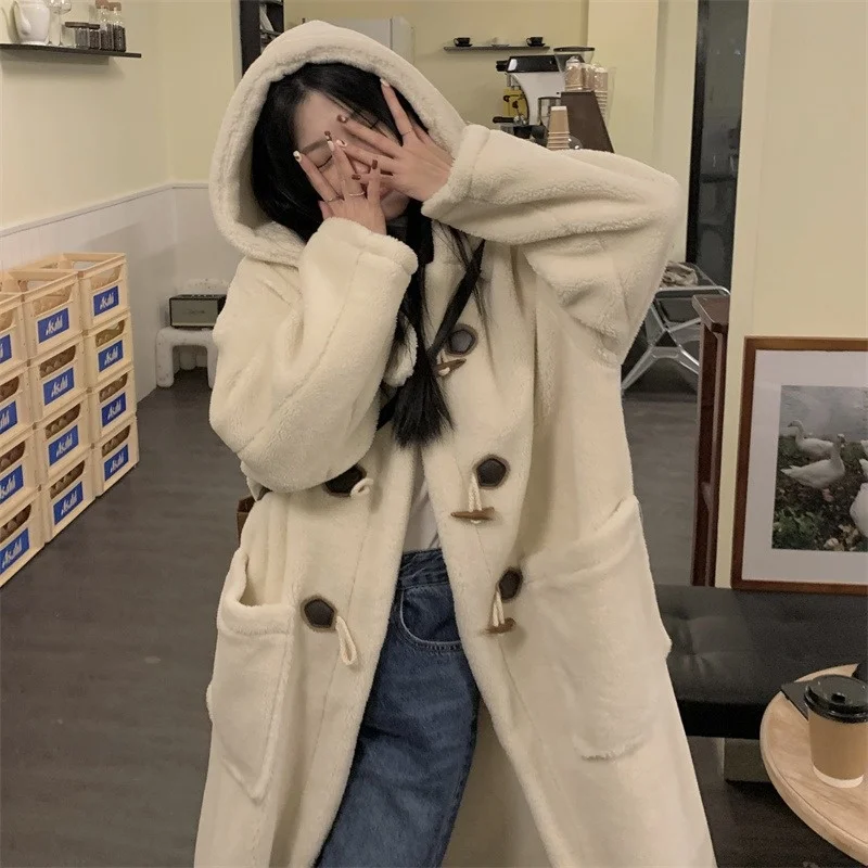 2022 Winter Long Women Cotton Padded Hoodies Lamb Wool Medium Length Warm Thicken Parka Fluffy Overcoat