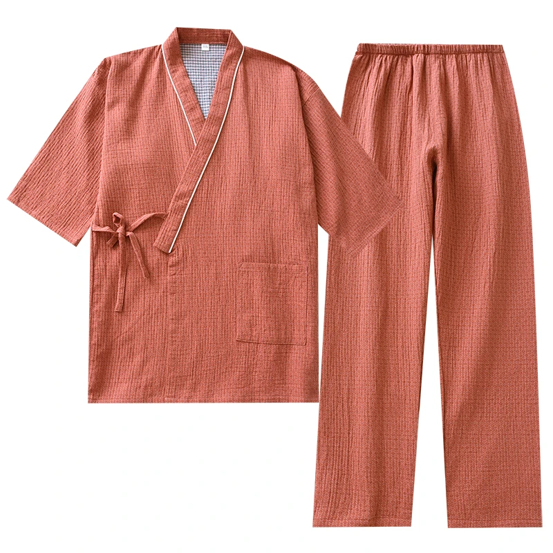 

Spring Summer Autumn Couple lace-up Kimono Pajamas men's And women's Trousers yarn-dyed Cotton Twill Crepe Cotton Home Wear