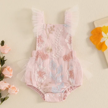 MISOWMNJOY Principessa Neonate Body Festa Estiva Vestiti Neonato Pagliaccetto Senza Maniche Ricamo Floreale Maglia Tute Infantili