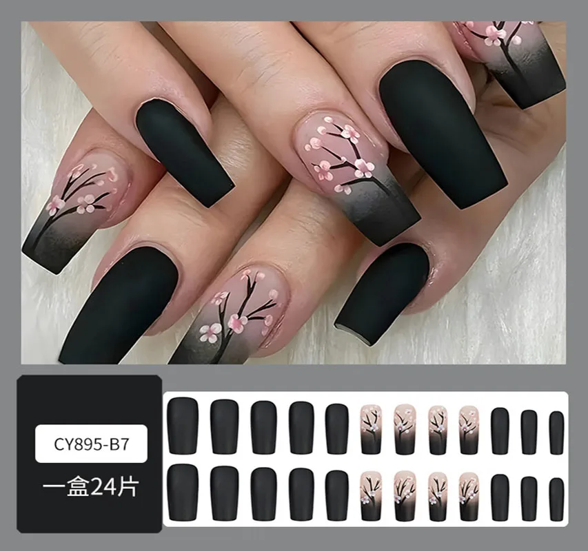 Square Fake Nails Pink Plum Blossom Design