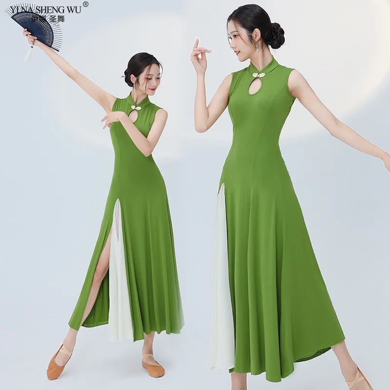 

Stand Collar Sleeveless Cheongsam Dress Classical Dance Chinese Style Dress Green Qipao For Women Modern Dancing Clothing