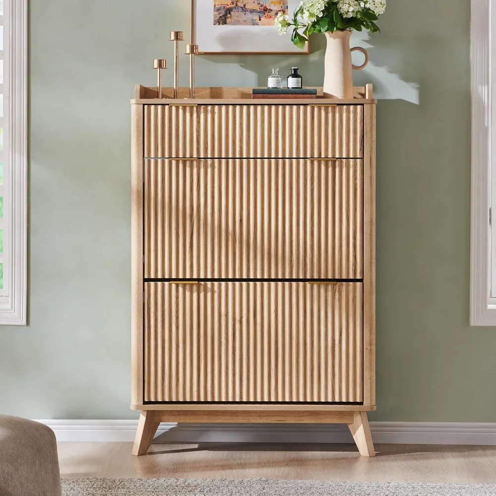 48" Tall Narrow Shoe Cabinet with Flip Drawers, Curved Fluted Design, Wooden Shoe Organizer for Entryway - Natural Oak
