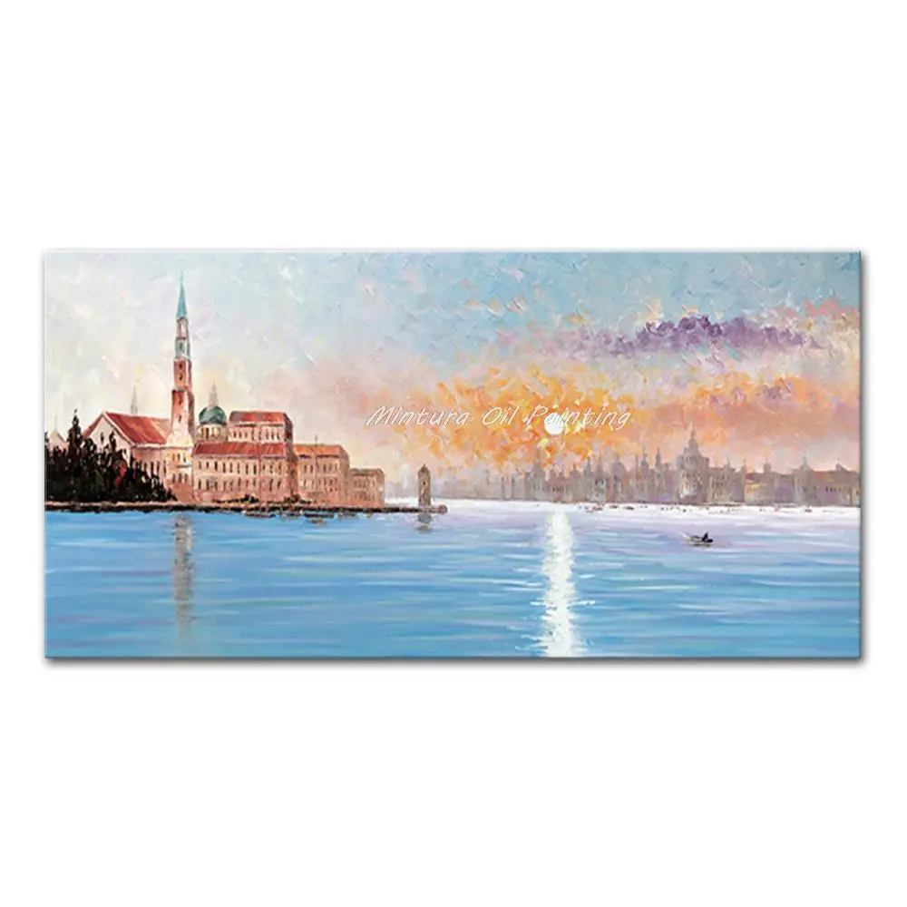 thumbnail image 1 of Mintura Obra de arte hecha a mano de gran tamaño Pintura al óleo pintada a mano sobre lienzo La hermosa ciudad costera Arte de pared moderno para decoración del hogar, 1 of 5
