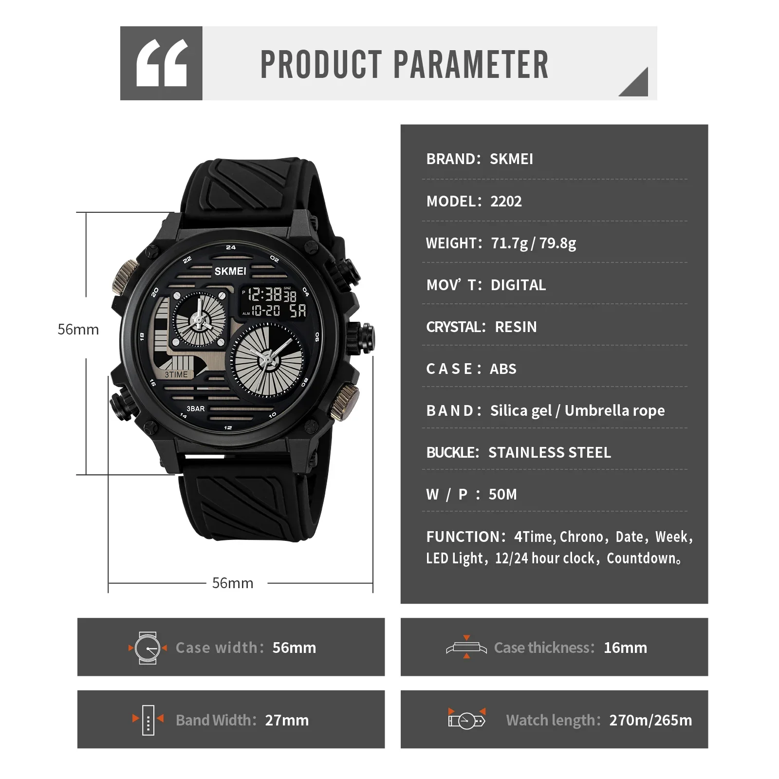 SKMEI 2202  Sport Watch Mens LED Light Stopwatch Waterproof Wristwatches Alarm Creative Cool 4 Time Display Countdown Digital 6