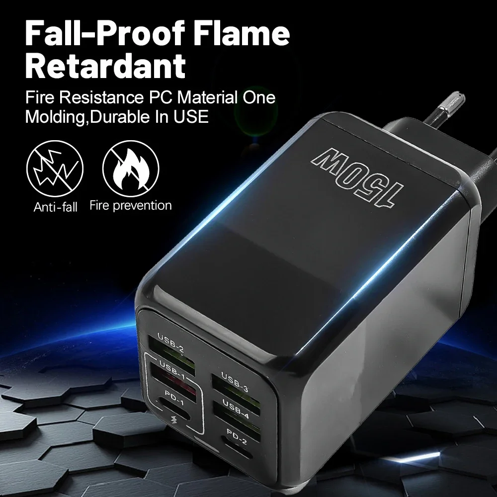 150W Super Quick Charging Multi Ports Cell Phone Charger Head 4 USB A 2 PD Wall Charger Adapter for IPhone 15 14 Samsung Xiaomi 6 S6021874ff52e499395687288eb27407bh