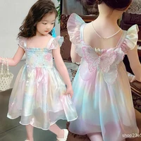 Robe de princesse pour filles avec grande décoration papillon d'été, dentelle perlée, maille dégradée arc-en-ciel, pour enfants de 1 à 8 ans 1