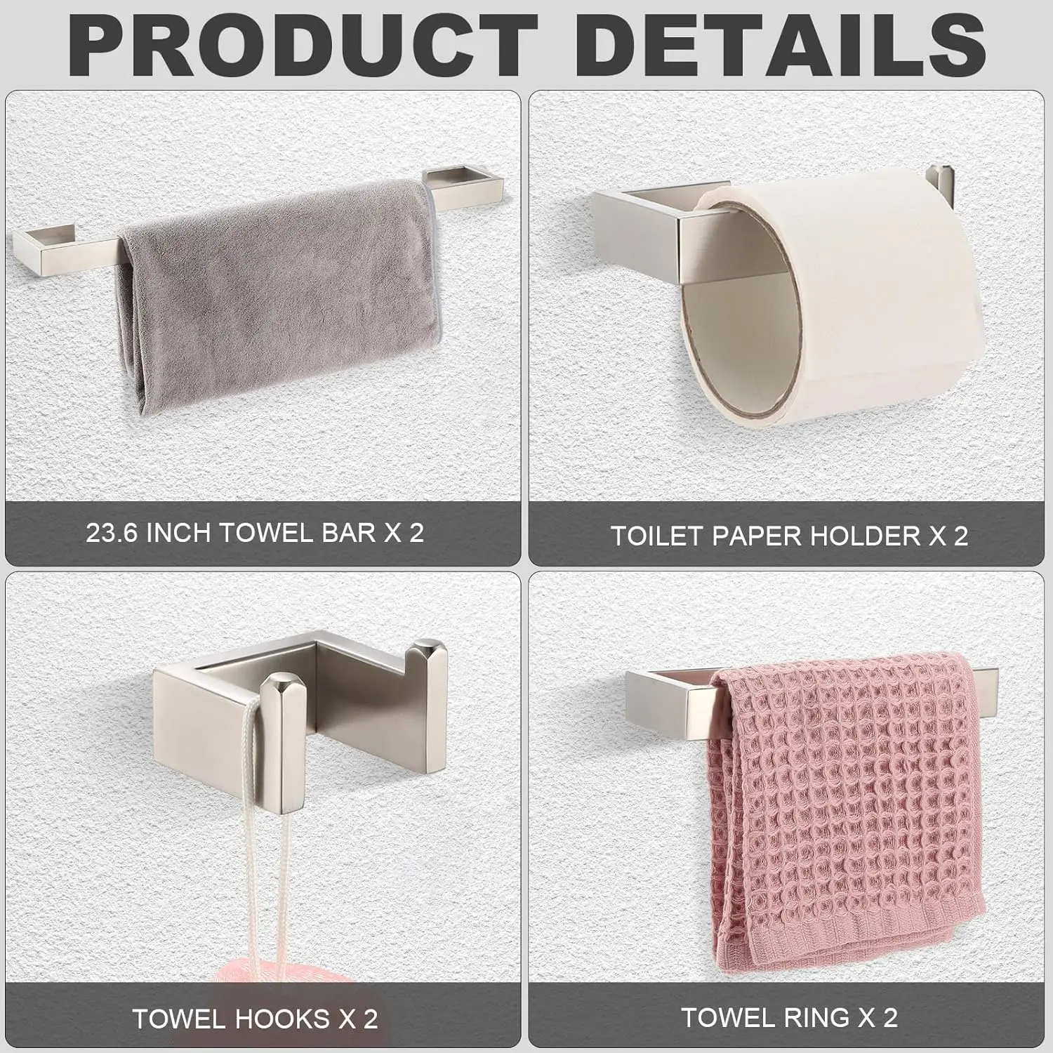 8-Piece Bathroom Hardware Set. Towel Holder, Robe Hook, Toilet Paper Holder. Brushed Stainless Steel. Wall-Mounted. Silver.