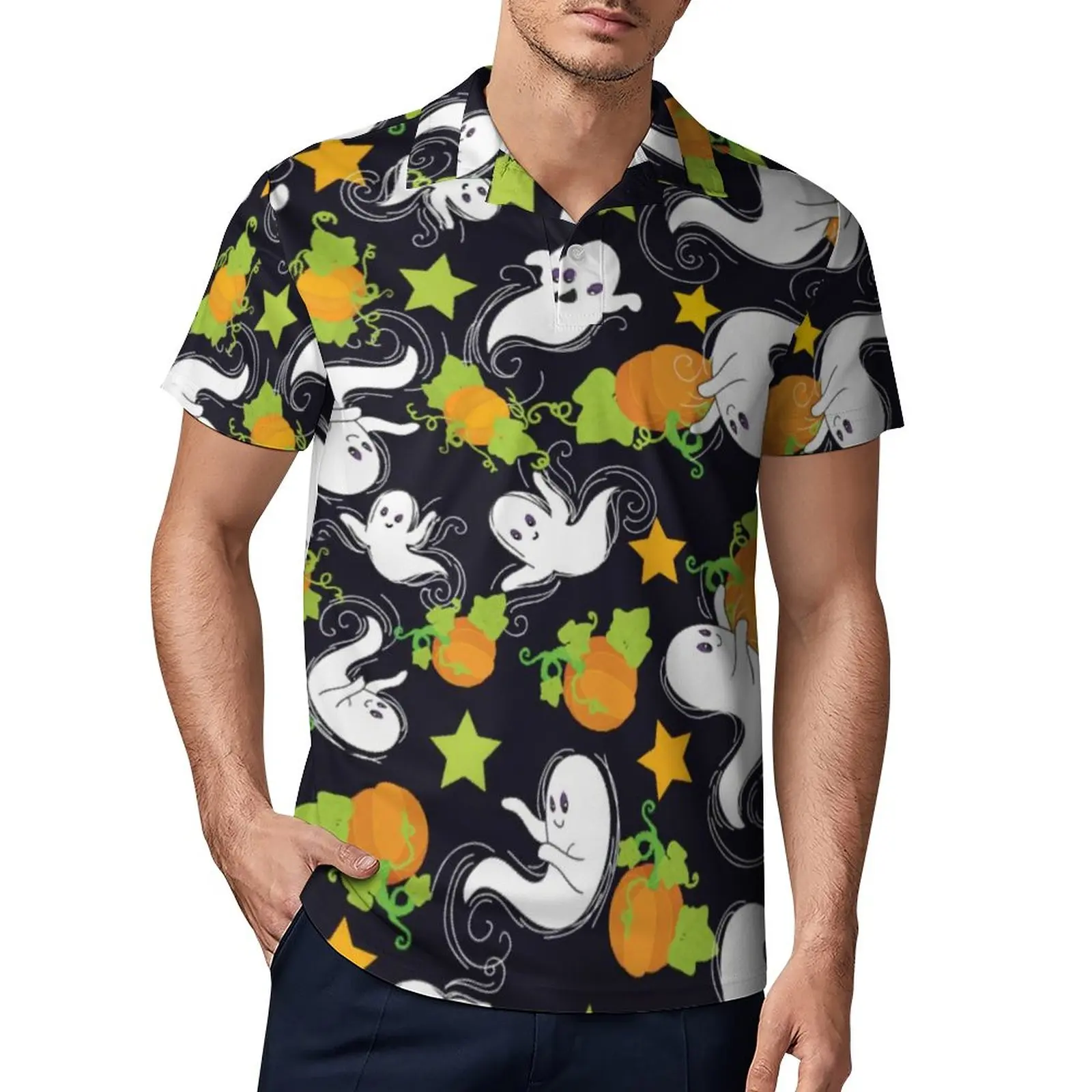

Cute Ghost Print Casual T-Shirts Halloween Pumpkin Polo Shirts Collar Fun Shirt Date Males Top Oversized