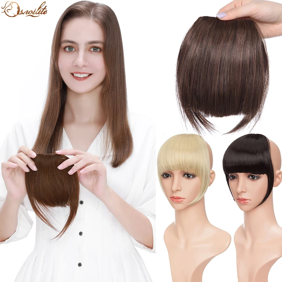 SNOILITE Synthetic Clip In Bangs Hair Extensions Black Brown Blonde Fake Fringe hairpiece 18colors blunt bangs for women natural looking fringe bangs for women synthetic clip in fake hair blunt bangs black brown blonde clip on hairpieces