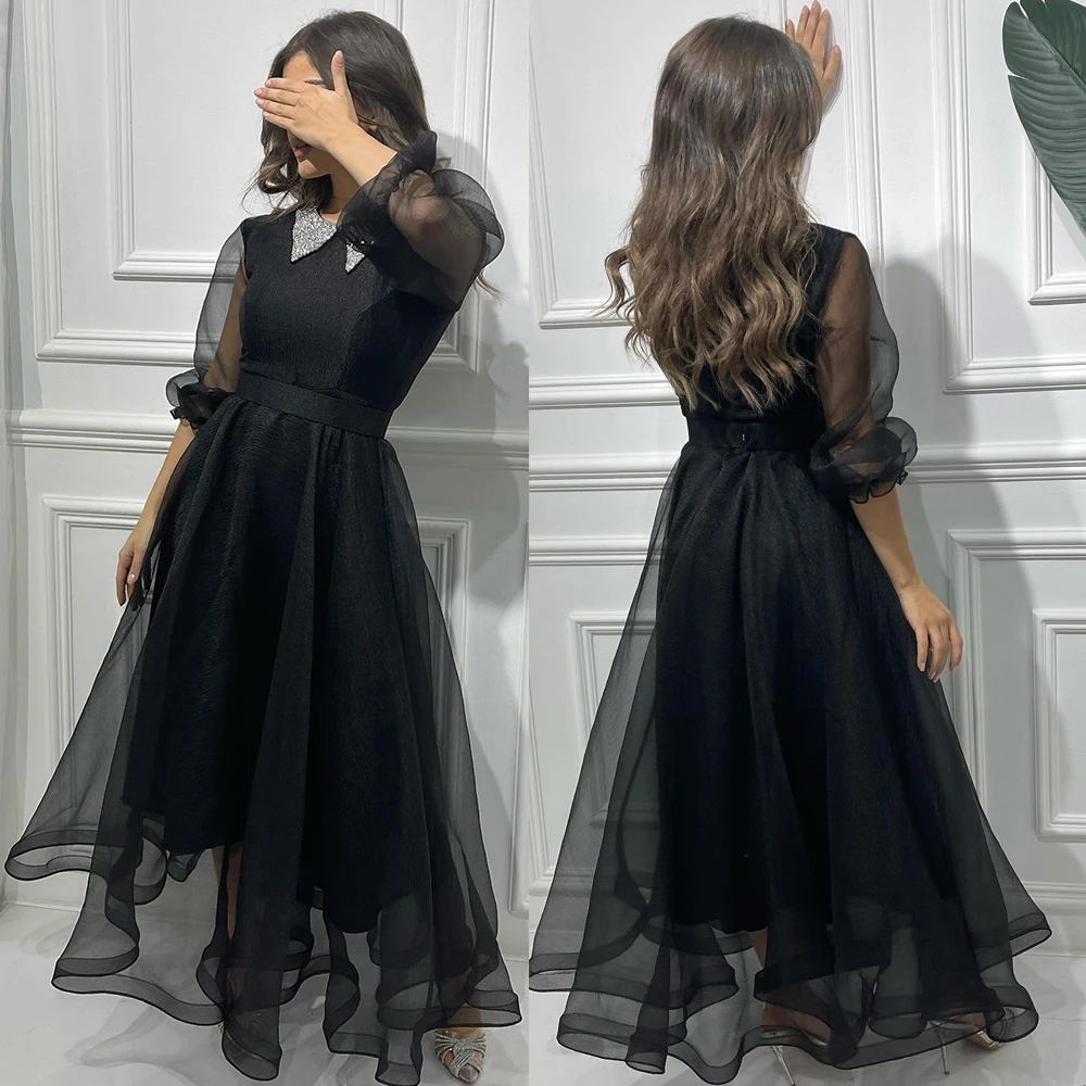 

A-line Illusion Long Sleeve Sexy Prom Gown Ankle-Length Round Neck Black Evening Party Dresses فساتين السهرة 2023 جديده