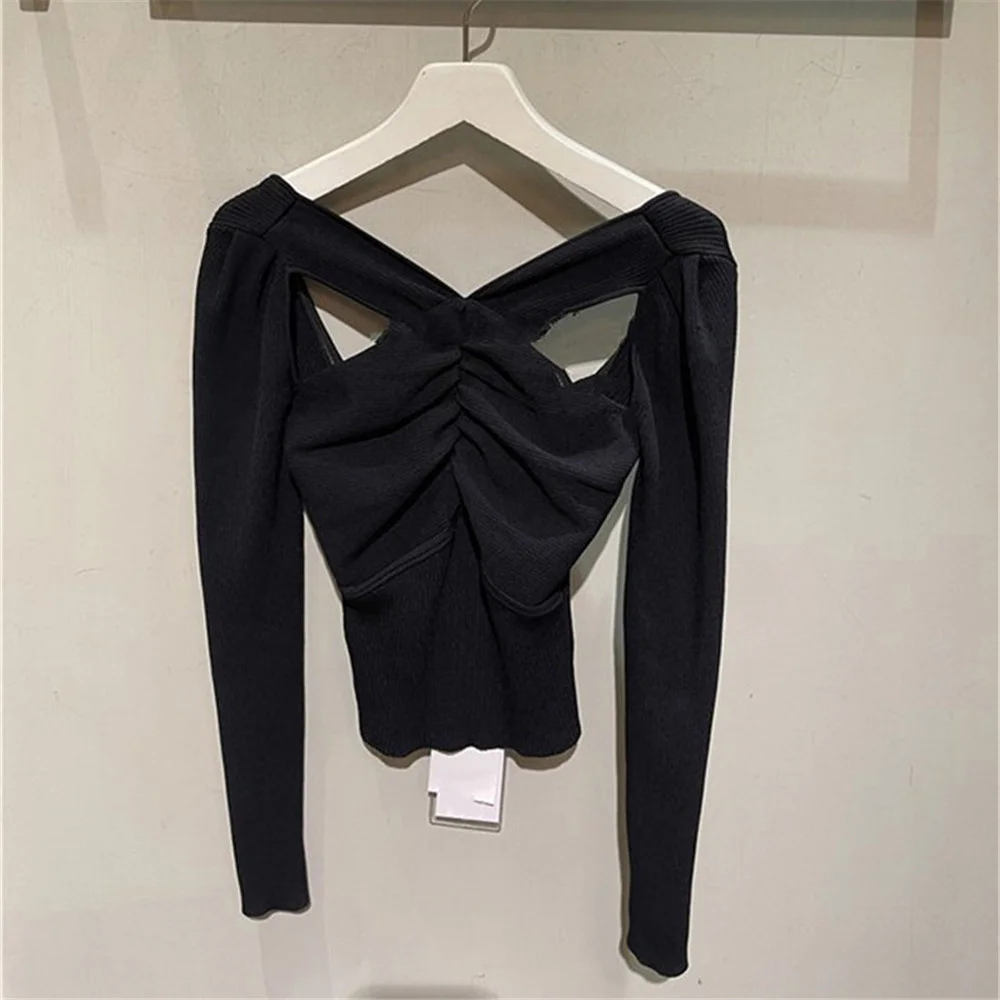 

Autumn New Hollow Hollow Top Black Slim V-neck Pullover Sweater Women