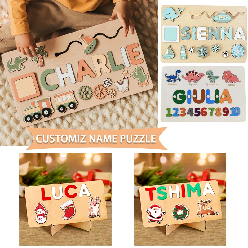 Wooden Name Puzzle Personalized Custom for Baby Game Board 3-D Jigsaw Puzzle Educational Shape Matching Developmental Toy