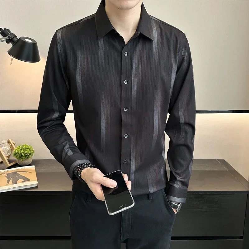 

Fashion Collar Button Stripe Printed Shirt Men 2023 Autumn New Casual Tops Korean Shirt
