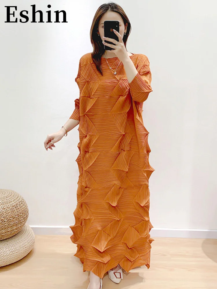 

Eshin Round Collar Three Quarter Sleeve Loose Waist Pleated Dress For Women 2023 Summer Fashion Female New Dresses TH3229