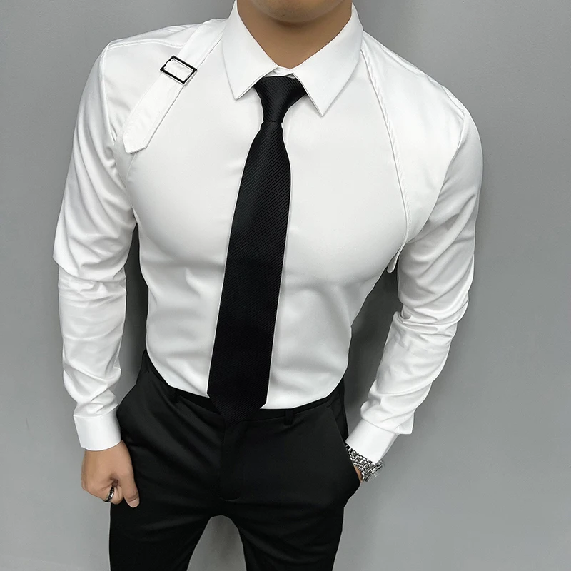 【MEER.】SHOULDER BELT LAYERED SHIRT/White 2024 Fashion Shoulder Strap Splicing Metal Button Design