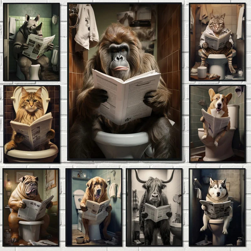 Funny Toilet Animals Highland Cow,Monkey,Dogs Reading Giornale Canvas Poster Wall Art Pictures Home Farmhouse Decor