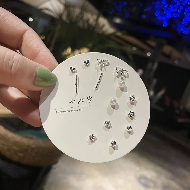 Pearl Stud Earrings Bow Knot Silver Earrings S925 Delicate Heart 7 Pairs Women Girls Jewelry Gifts