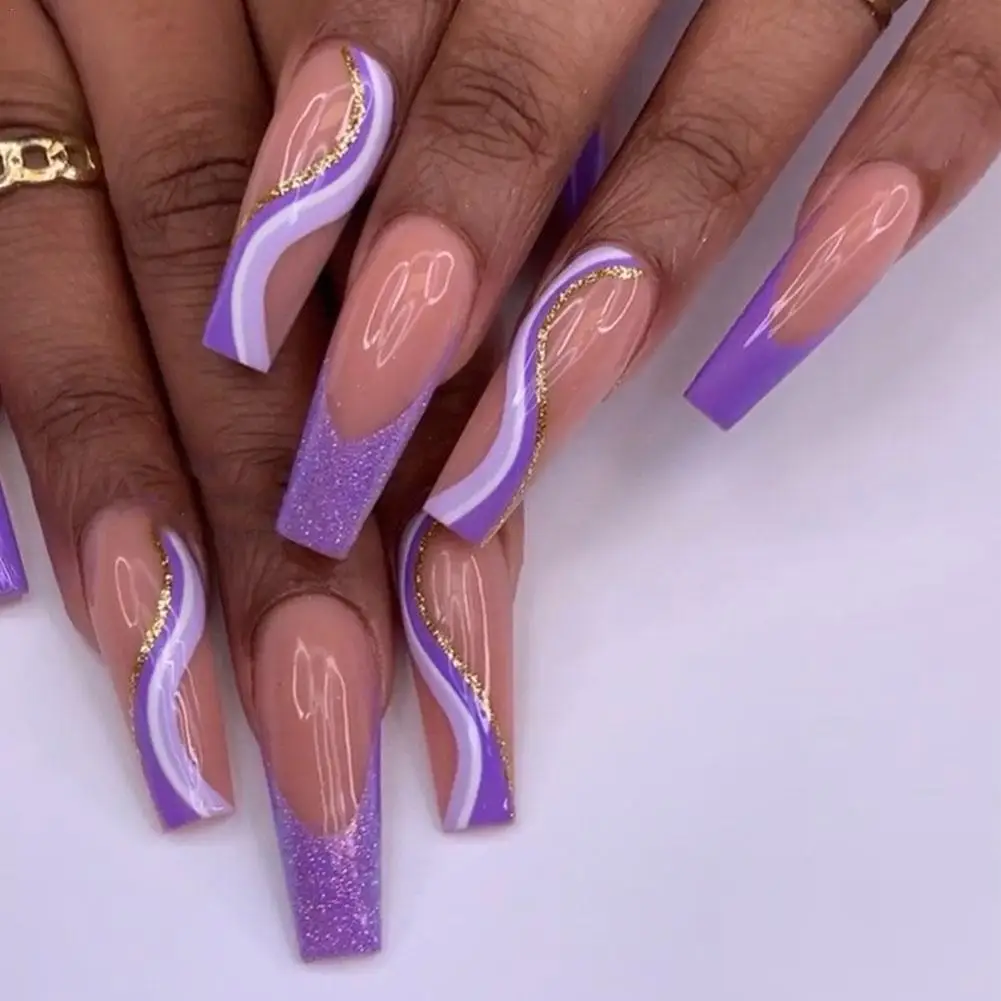 Purple Gold Foil French False Nails Line Pattern Line Pattern Glitter Nails  Extra Long Coffin Nails Press On Nail 2022New| | - AliExpress