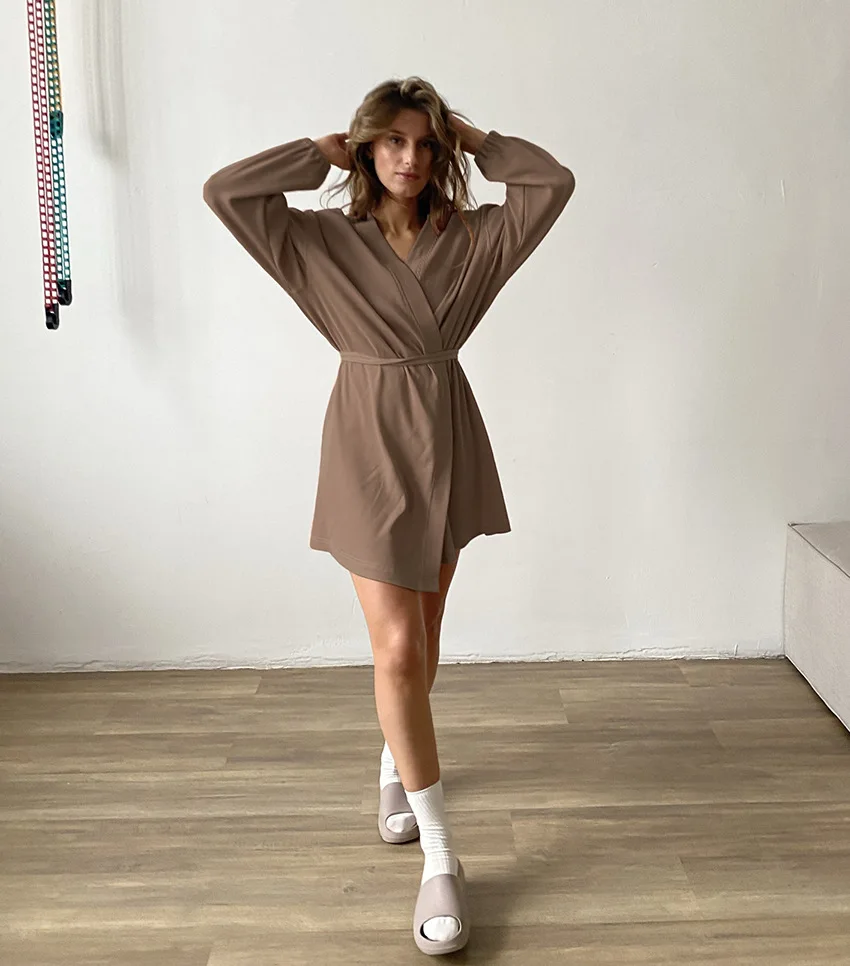 

Однотонный кардиган, домашняя одежда, пижамы для женщин, вязаная ночная рубашка с длинным рукавом до колена, свободная Хлопковая женская пижама на осень и зиму