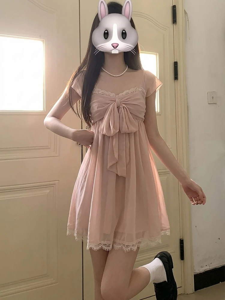 Elegante Mini Abito Lolita Dolce in Chiffon Rosa con Pizzo e Fiocco Frontale, Maniche a Sbuffo, Vestibilità Slim, Vita Alta, per Uso Quotidiano e Feste - Image 5