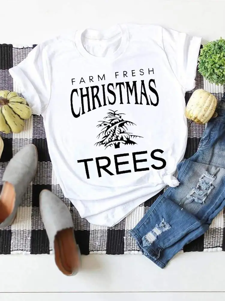 

Clothes Top Print Short Sleeve Tee T Shirt Christmas Women Tree Letter Vintage Cute New Year Fashion Basic Graphic T-shirts
