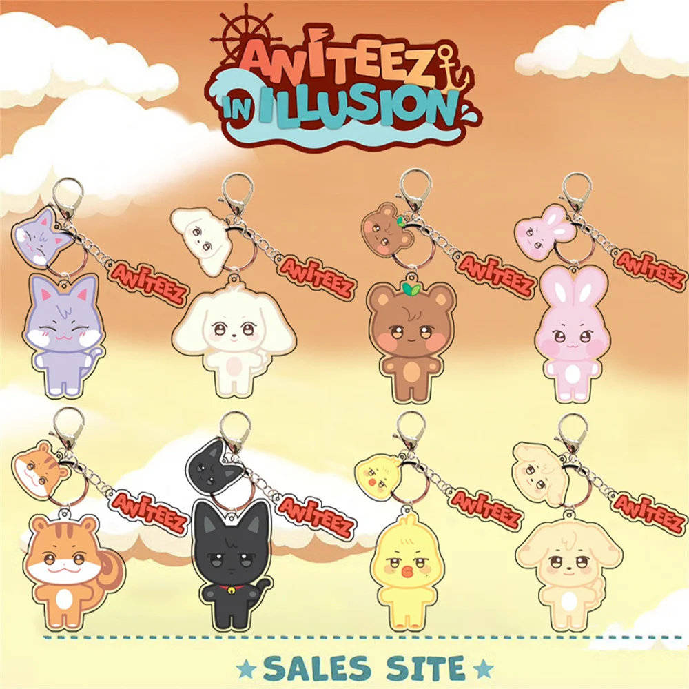 

6CM Kpop ATEEZ Keychain 3pcs/Set Cartoon ANITEEZ Animal Acrylic Pendant Double Sides Printing Bag Accessories Metal Key Ring