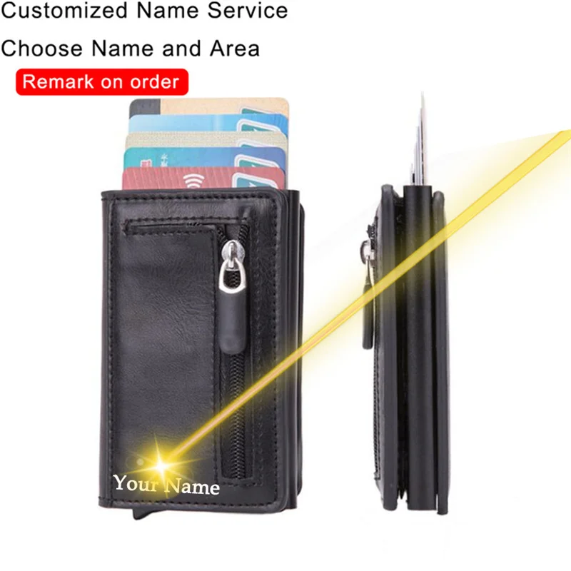 Name Carbon Fiber Card Holder Men Leather Zipper Wallet Aluminum Box Smart Wallet Anti-theft RFID CardHolder