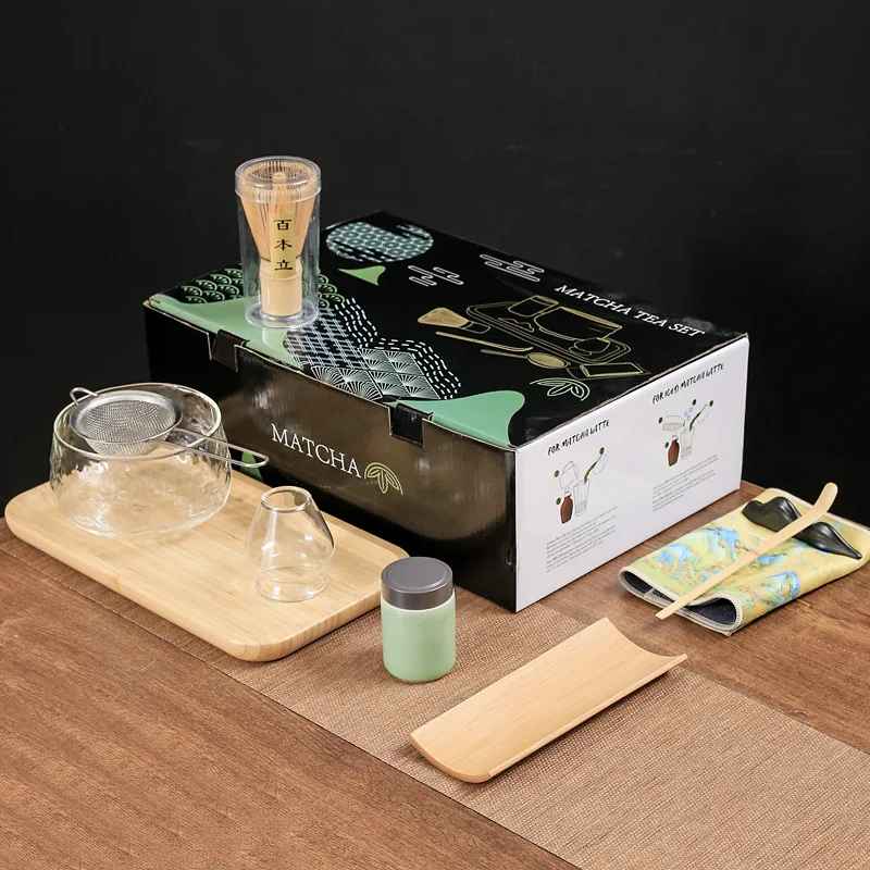 BespritGift Hot Selling Modern Style 10 Pieces Tea Whisk Set Glass Bowl Bamboo Chasen Matcha Tool Set Gift Box for Tea Drinking