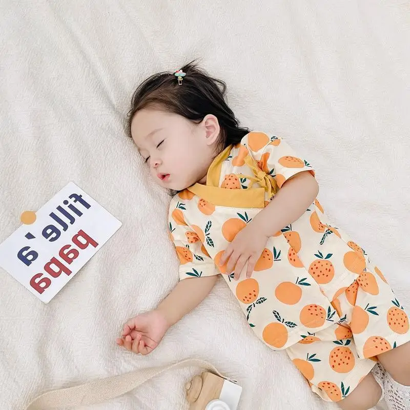 Children's Cotton Japanese Kimono Yukata Baby Cute Print Comfortable Sleepwear Home Kids Short-Sleeved 2-Piece Set LC967