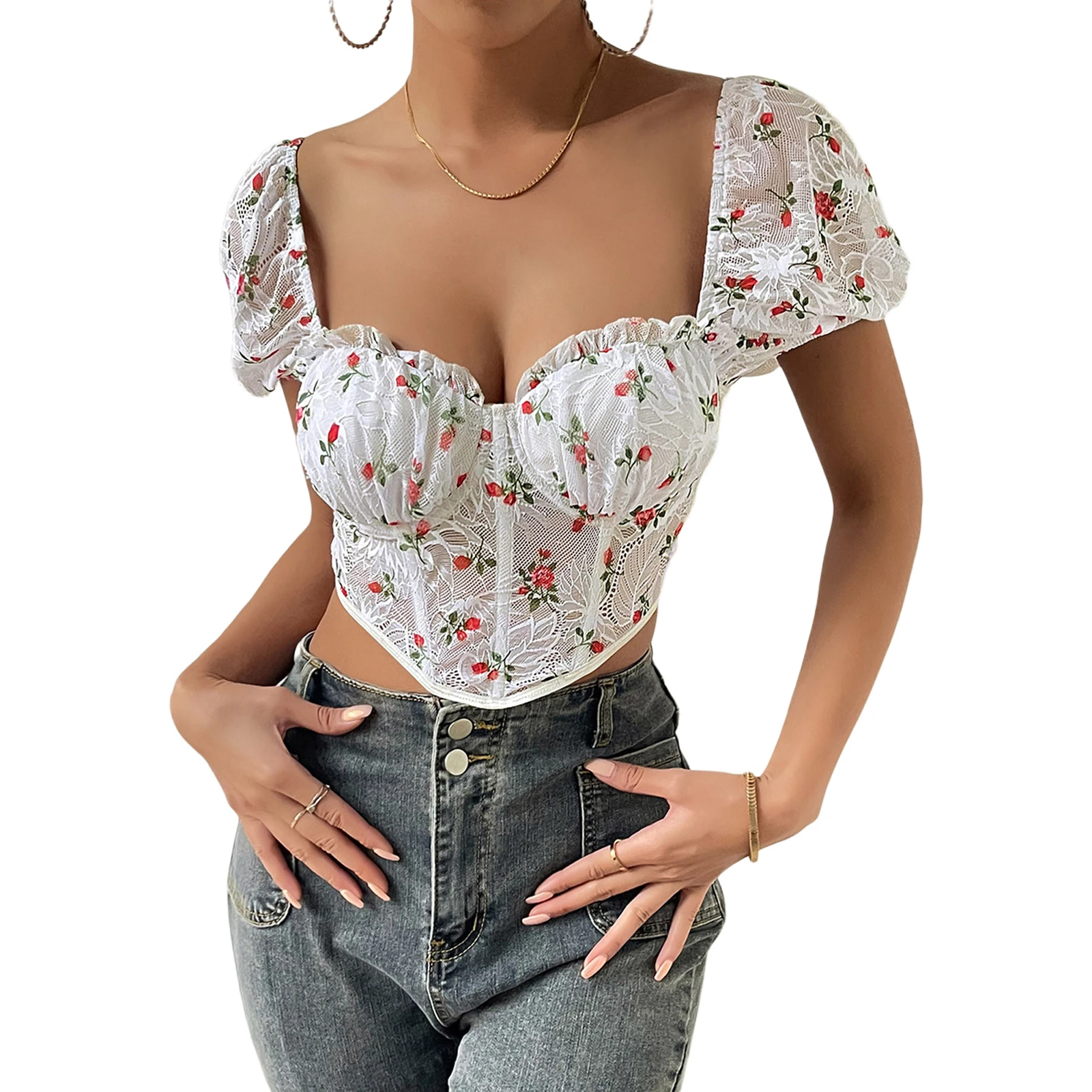 

Women Lace Crop T-shirts Corset Summer Floral Print Puff Sleeve Basic Pullover Tops Irregular Hem for Party Streetwear